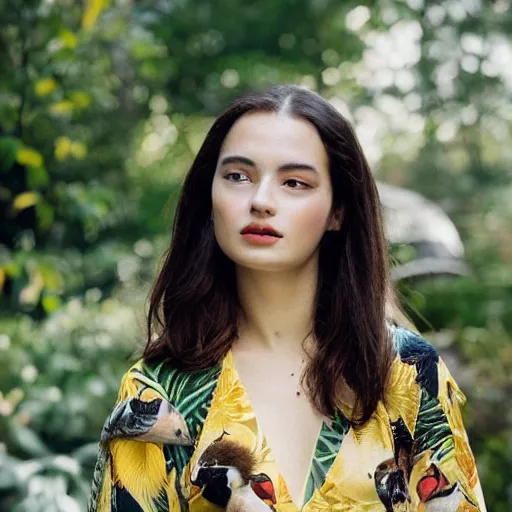 Image similar to head to shoulder portrait film photograph of an elegant top model wearing a yellow kimono with a very detailed barn owl on her shoulder!!! in a tropical greenhouse. looking at the camera!!. super resolution. 85 mm f1.8 lens.bokeh. graflex. art by Alessio albi and ashley wood and Edmund Blair Leighton ! -