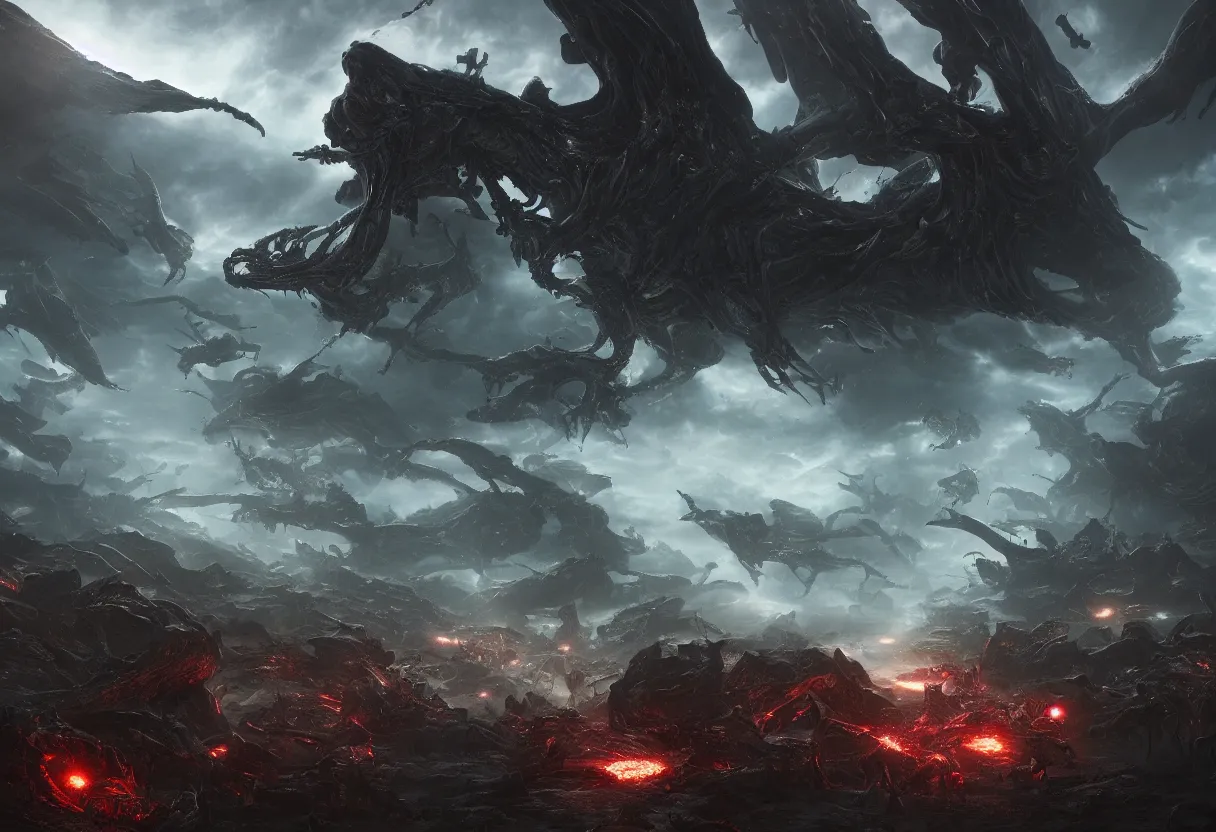 Prompt: eerie and demonic alien race invade galaxy, ominous battle background, hyper realism, realistic, dramatic lighting, octane render, highly detailed, cinematic lighting, cinematic, art by rubens and rutkowski and rembrandt