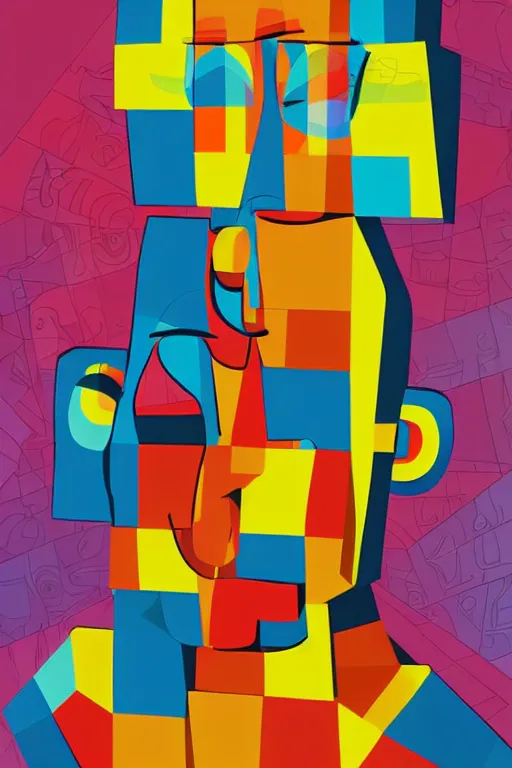 Image similar to cubist moai statue cutout digital illustration cartoon colorful beeple