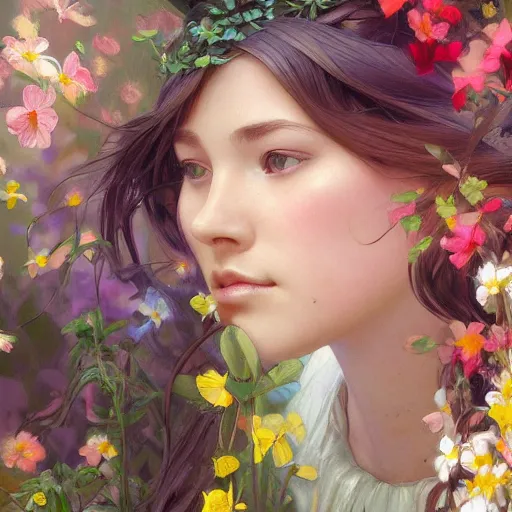 Image similar to girl smelling colorful flowers, spring garden, highly detailed, digital painting, cgsociety , concept art, sharp focus, illustration, art by artgerm and greg rutkowski and alphonse mucha