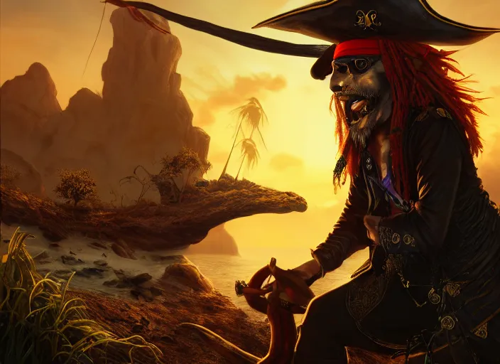 Prompt: a cool looking pirate eating magic mushroom, golden hour, fantasy, sharp focus, digital art, hyper realistic, 4 k, unreal engine, highly detailed, hd, dramatic lighting by brom, trending on artstation