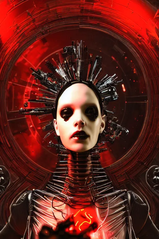 Prompt: full-body cyberpunk style sculpture of a young beautiful dark priestess, half android with a head opening exposing circuitry, glowing red eyes, black roses, flowing blood-red colored silk, fabric, candles, baroque elements, human skull, full-length view. baroque element, intricate artwork by Caravaggio. crows flying in background. Trending on artstation. octane render, cinematic lighting from the right, hyper realism, octane render, 8k, depth of field, 3D