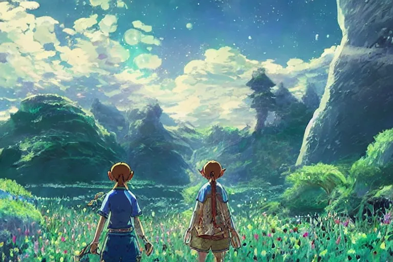 Image similar to #art #hyperreal #intricate interstellar-botw-studio-ghibli-moment, [32k hd]^10