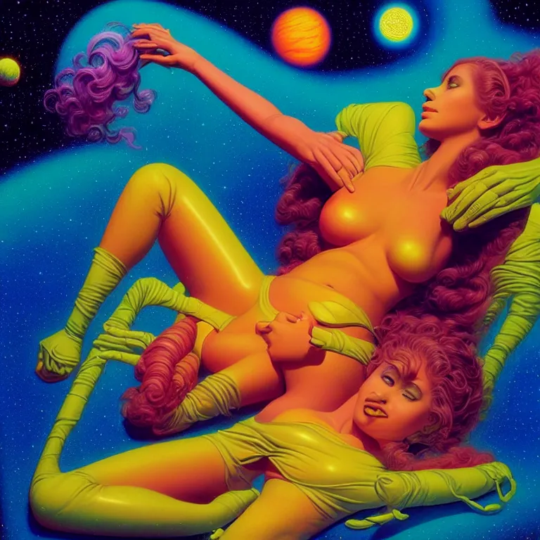 Prompt: cosmic girl, 2 0 yo, reclining close - up, bright neon colors, highly detailed, cinematic, panoramic, tim white, michael whelan, roger dean, bob eggleton, philippe druillet, vladimir kush, kubrick, alfred kelsner, boris vallejo