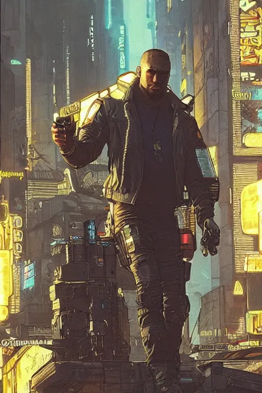 Prompt: vernon. Deadly blackops mercenary. cyberpunk 2077. Blade Runner 2049. concept art by James Gurney and Mœbius.