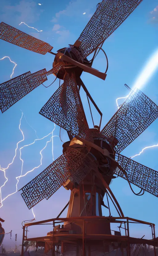 Image similar to a steampunk windmill, zoomed in, spinning fast, robot, blue fire, electricity lightning, concept art, sharp focus, intricate details, very high details, photorealistic, disney pixar, octane render, iridescent, anime, 8 k