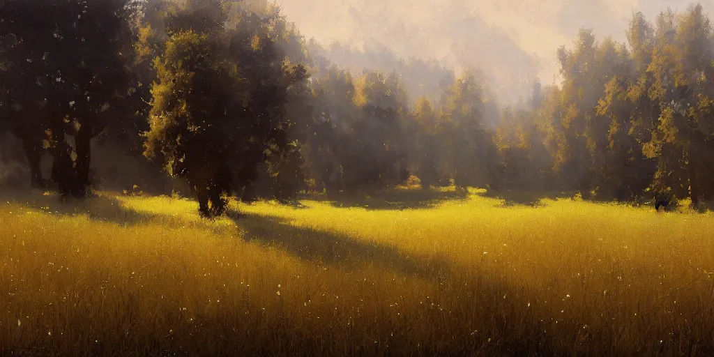 Prompt: a dark oil painting of a beautiful meadow; masterpiece; extremely-detailed; by Craig Mullins