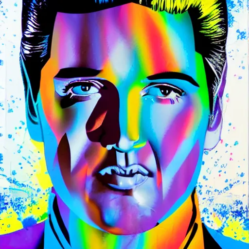 Prompt: elvis presley performing in a jumpsuit, art by alessandro pautasso, rainbow geometric face, fractal, paint splash, full body, beautiful