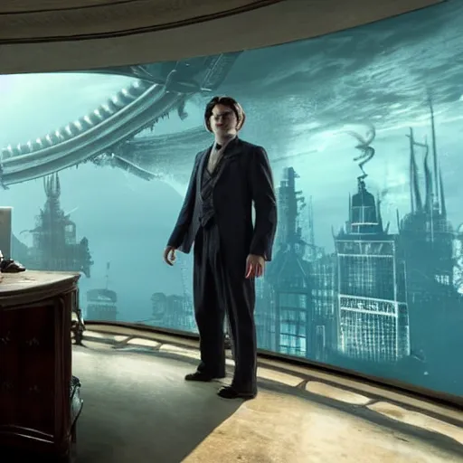 Image similar to a highly detailed cinematic photo from a live - action bioshock movie. andrew ryan, portrayed by evan peters, is shown standing in a 1 9 3 0's office with a large desk in front of a floor - to - ceiling window looking out onto the underwater city of rapture shining in the distance, sea life is shown outside of the window