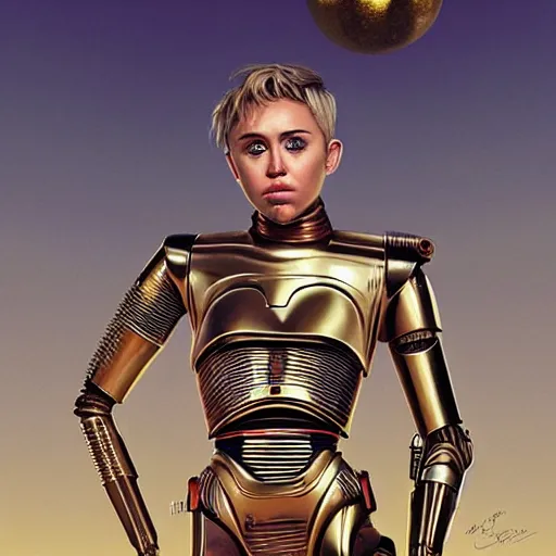 Image similar to portrait of Miley Cyrus as C3PO Star Wars droid, looking at camera, intricate, dystopian, sci-fi, extremely detailed, octane render, digital painting, concept art, smooth, sharp focus, illustration, incredible art by artgerm and greg rutkowski and alphonse mucha and simon stalenhag