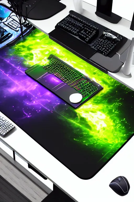 Image similar to photo of a mousepad on a futuristic computer desk, band merchandise, bandname is tripmachine, tourname is invasion of the tripmachines, realistic digital art, mousepad is textured with a 3 d render of a huge futuristic steampunk generator, 8 k, fluorescent colors, halluzinogenic, multicolored, exaggerated detailed, unreal engine