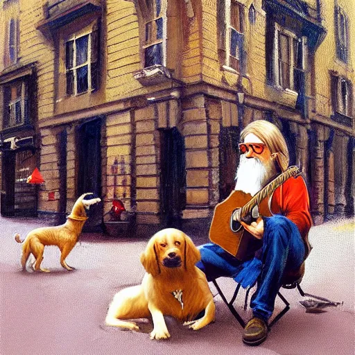 Image similar to oil painting of a man with long hair blond and a beard hippie style with his golden retrever dog playing guitar in the square for money, people watching around, by greg rutkowski, artstation