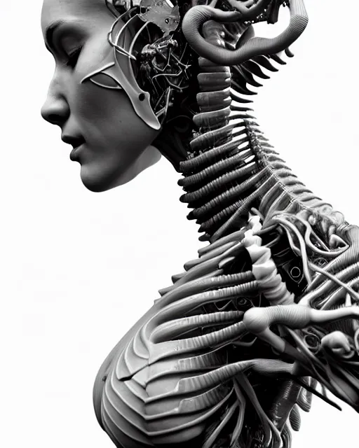 Image similar to raw bw 3 d redshift render biomechanical intricate spinal ribbed organic body detail of mechanical female vegetal - cyborg, beautiful insanely detailed, digital art, octane render, 8 k artistic photography, photo - realistic, unreal engine