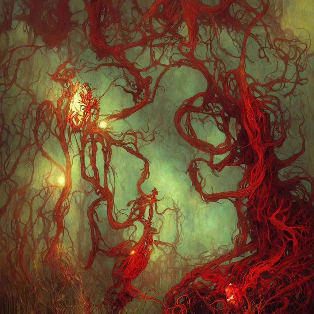 Image similar to colorful fungus monsters by beksinski and artgerm, red veins by alphonse mucha, intense lighting, light beams, lens flare, intricate, elegant, nightmare, highly detailed, digital painting, artstation, concept art, smooth, sharp focus, illustration