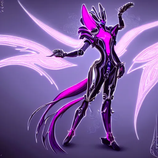 Image similar to highly detailed exquisite fanart, of a beautiful female warframe, but as an anthropomorphic robot dragon with glowing purple eyes, shiny silver armor with fuchsia accents, engraved, elegant pose, close-up shot, full shot, epic cinematic shot, sharp claws for hands, professional digital art, high end digital art, singular, realistic, DeviantArt, artstation, Furaffinity, 8k HD render