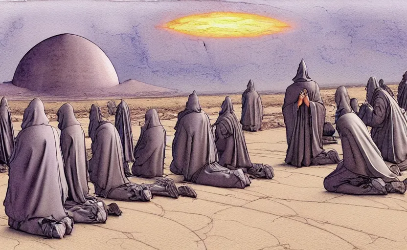 Prompt: a hyperrealist watercolour concept art of a group of medieval monks in grey robes kneeling in prayer. a large primitive ufo is in the sky. on a desert road. by rebecca guay, michael kaluta, charles vess and jean moebius giraud. high detail, hq, wide shot