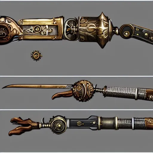 Image similar to steampunk style weapons, concept design