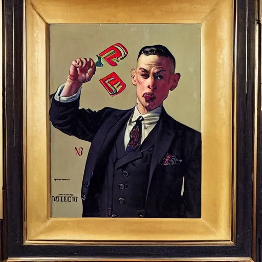 Image similar to front of portrait of a dapper man throwing gang signs, like an urban gangster, by Norman rockwell and gerald Brom