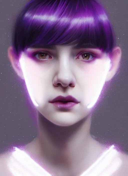 Image similar to portrait of teenage girl with white bangs, red irises, bangs, black and white hair, purple clothes, white bangs, two color hair, black hair and white bangs, intricate, elegant, glowing lights, highly detailed, digital painting, artstation, concept art, smooth, sharp focus, illustration, art by wlop, mars ravelo and greg rutkowski