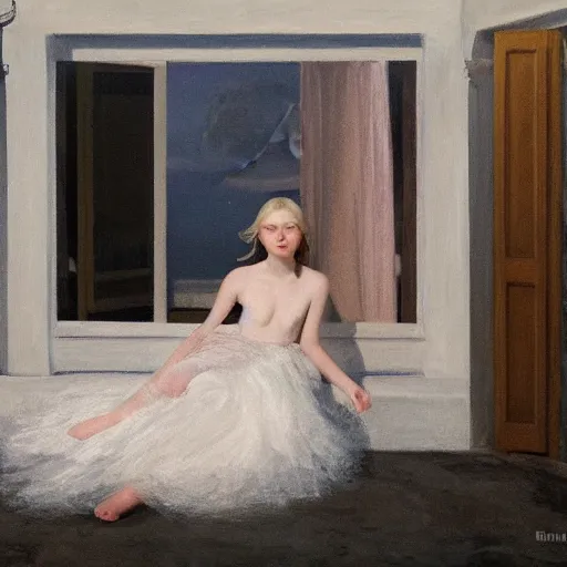 Image similar to Elle Fanning in Santorini at night, head and shoulders portrait, stormy weather, extremely detailed masterpiece, Roger Deakin’s cinematography, oil on canvas, Edward Hopper,