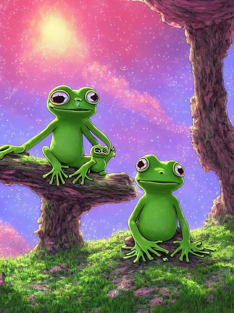 Prompt: high resolution 4k wonder of exploration vast sky pepe frog love and family worlds of love and joy made in abyss design Tony DiTerlizzi dream like storybooks pepe the frog happy alone in a field sitting wholesome soft and warm the value of love a clear prismatic pink sky, red woods Canopy , unnerving , disheartening , love, warm ,Luminism, prismatic , fractals , pepe the frog , art in the style of Tony DiTerlizzi , Francisco de Goya and Akihito Tsukushi and Gustave dore and Arnold Lobel