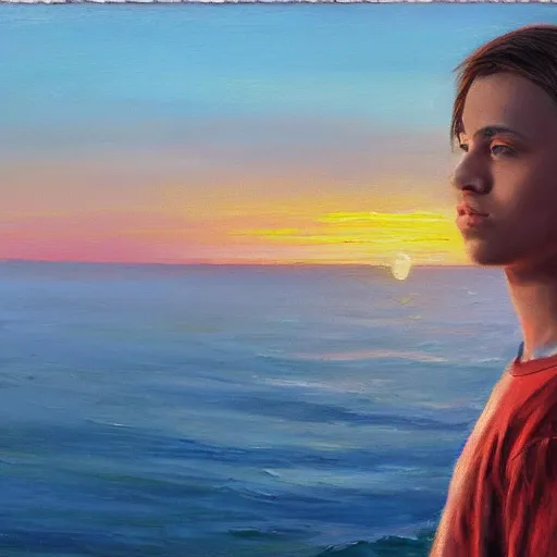 Image similar to a teen guy with a mullet, portrait, sunset, ocean in distance, oil painting, pale colors, high detail, 8 k, wide angle, trending on artstation,