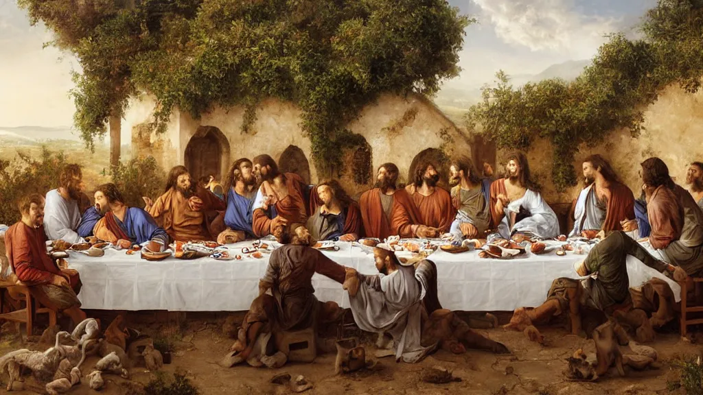Prompt: the last supper, all man replaced with soccer players, under the porch of a typical portuguese house, with typical alentejo landscape in the back, sunny morning, matte painting, oil canvas, photorealistic illustration, extreme detail, hyper realistic, highly detailed, digital art