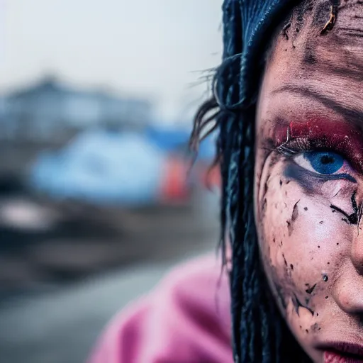 Image similar to photographic portrait of a distressed streetwear woman holding back tears, a futuristic shanty town burns in the background, closeup, sigma 85mm f/1.4, 4k, depth of field, high resolution, 4k, 8k, hd, full color