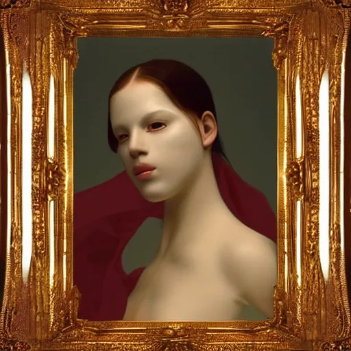 Image similar to an all white human, with no facial features, like a white mask pulled over their face, full body laying in a blood red pool of water between a golden mirror frame, outside is space and inside the mirror frame is a beautiful landscape., physically accurate, dynamic lighting, intricate, elegant, highly detailed, very very Roberto Ferri, sharp focus, illustration, art