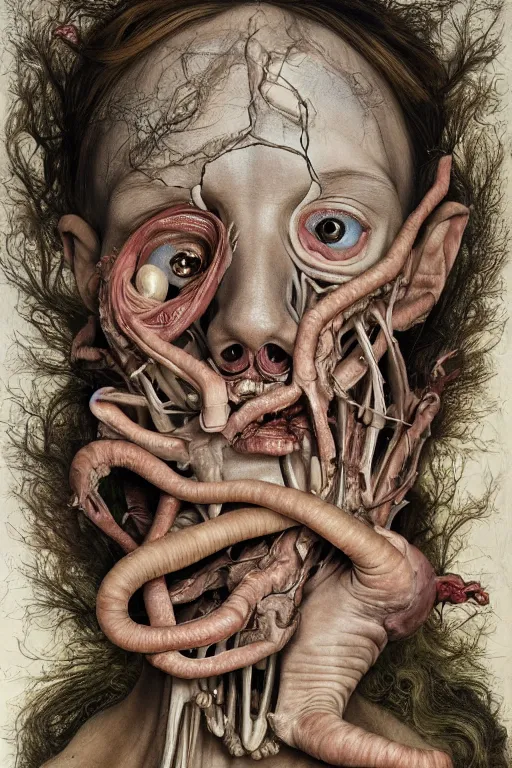 Image similar to Detailed maximalist portrait of a greek god with large lips and eyes, scared expression, botanical anatomy, skeletal with extra fleshy limbs, HD mixed media, 3D collage, highly detailed and intricate, surreal illustration in the style of Jenny Saville, dark art, baroque, centred in image