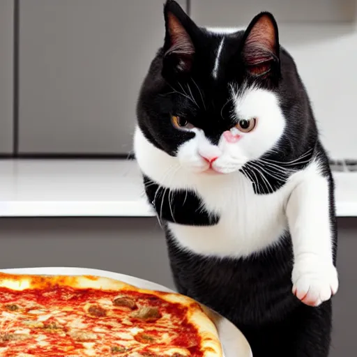 Image similar to ugly black and white exotic shorthair cat making pizza in a modern kitchen, realistic photo,