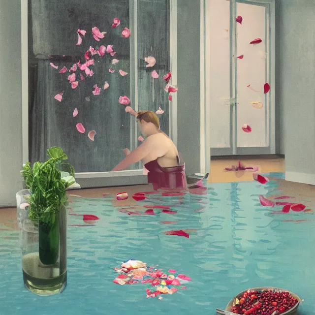 Prompt: pathology student in her apartment, a river flooding inside, medical supplies, pigs, plants in glass vase, pork, water, river, rapids, canoe, pomegranate, berries dripping, waterfall, swans, pink flower petals, acrylic on canvas, surrealist, by magritte and monet