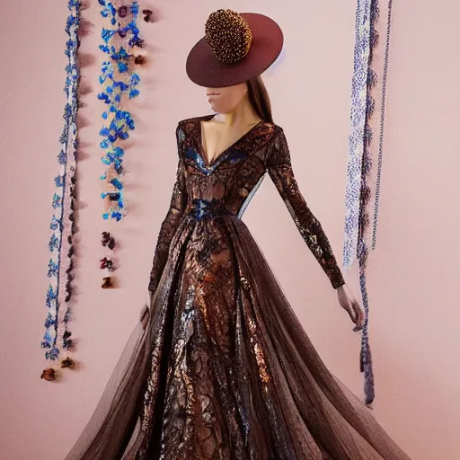 Image similar to exclusive evening dress made of bronze transparent fabric fantasy with colored flower petals made of fabric. intricate asymmetrical patterns. an elegant hat. hyperrealistic photos, clear details.