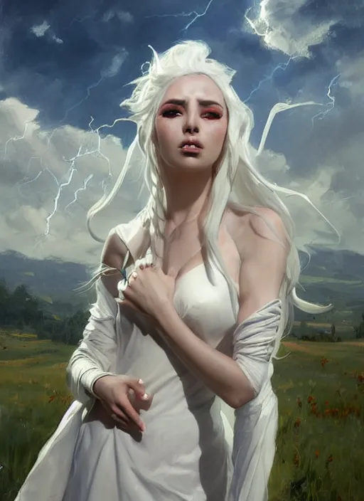 Prompt: portrait of Syndra from League of Legends in white dress, countryside, calm, fantasy character portrait, dynamic pose, above view, sunny day, thunder clouds in the sky, artwork by Jeremy Lipkin and Giuseppe Dangelico Pino and Michael Garmash and Rob Rey, very coherent asymmetrical artwork, sharp edges, perfect face, simple form, 100mm