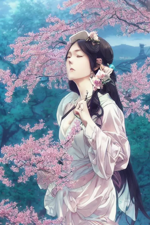 Prompt: beautiful cottagecore anime BTS k-pop band, phone wallpaper. intricate, elegant. the background is cherry blossoms !. highly detailed, digital painting, artstation, concept art, smooth, sharp, focus, illustration. . art by artgerm and greg rutkowski and alphonse mucha, in the style of japanese manga