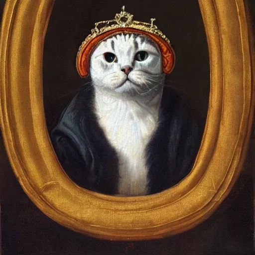 Image similar to a renaissance style portrait painting of a scottish fold cat, wearing a crown and cape, dark background