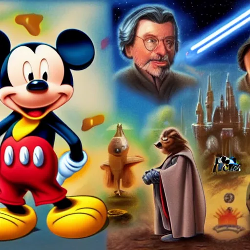 Prompt: Disney special consisting of Mickey Mouse, Star Wars Jedis and other franchise characters, photorealistic, highly detailed, trending on artstation, pixel art