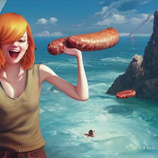 Image similar to emma stone surprised to see flying big italian sausages by concept artist gervasio canda, behance hd by jesper ejsing, by rhads, makoto shinkai and lois van baarle, ilya kuvshinov, rossdraws global illumination radiating a glowing aura global illumination ray tracing hdr render in unreal engine 5