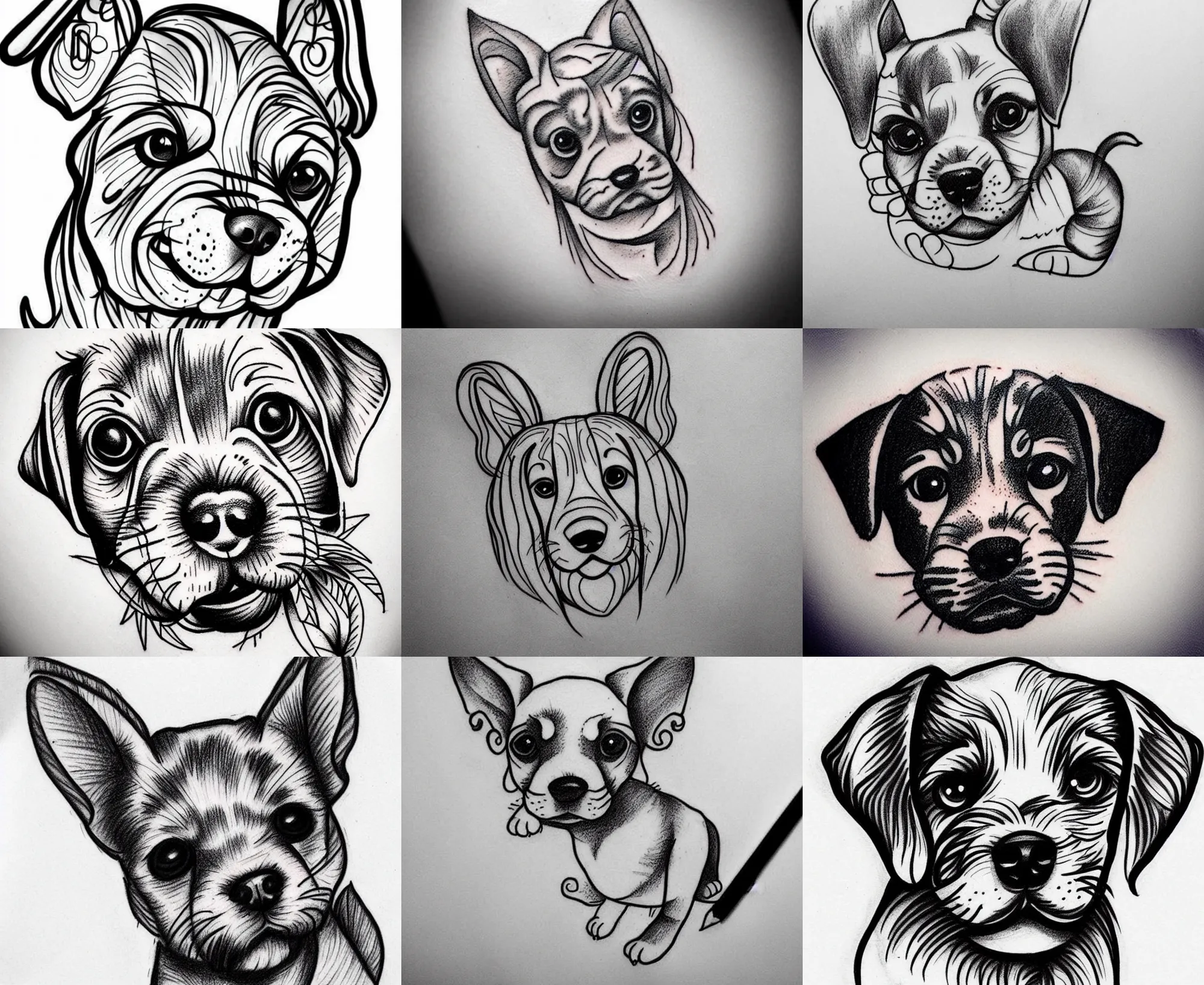 Image similar to Tattoo Design line sketch adorable Puppy, bold strong lines very highly aesthetic