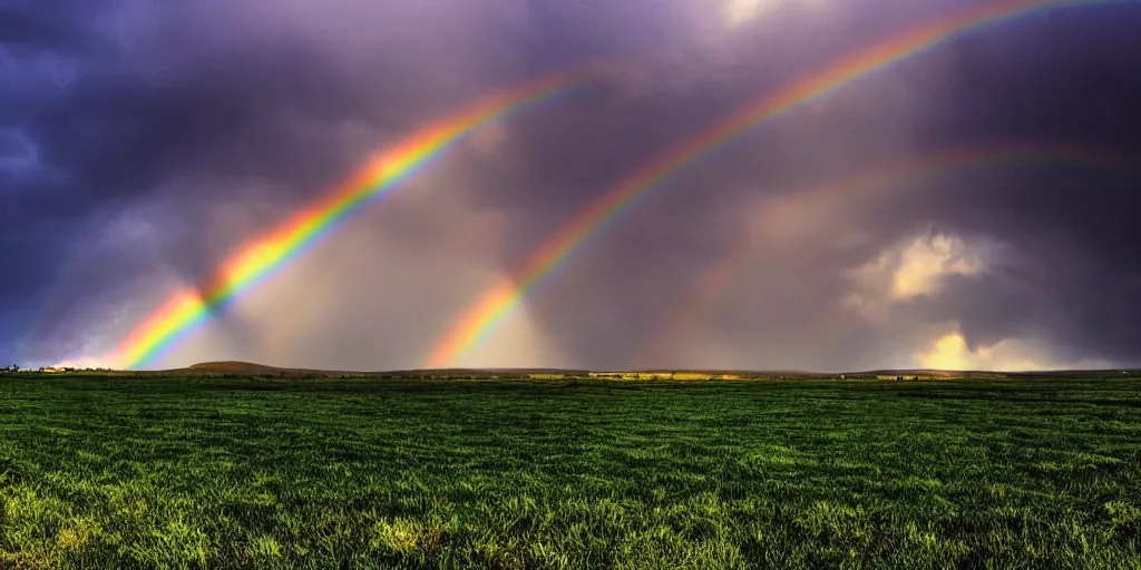Image similar to detailed fields nature, super storm, faint rainbow, impressive, atmospheric, god rays, cinematic, deep colors, very high complexity, stunning, masterpiece, 3 5 mm, very detailed. 4 k
