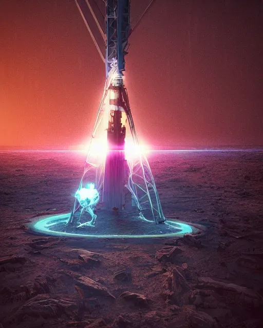 Image similar to a glowing female spirit of mother nature screams out in agony. drilling rigs bore into the earth in the background. wide shot, detailed, sharp, 8 k, award winning digital art by beeple.