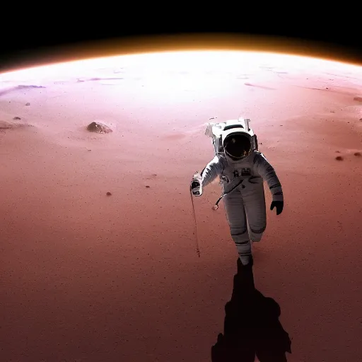 Image similar to A wide angle shot from below of a female astronaut with a feminine body walking with swagger towards camera on mars in an infinite universe , synthwave digital art