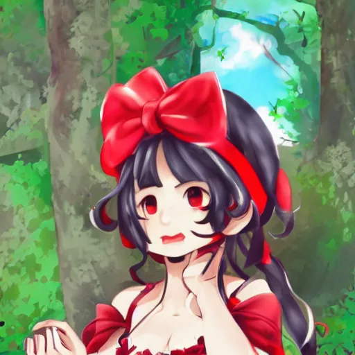 Image similar to an illustration of reimu in the jungle wearing bonnet