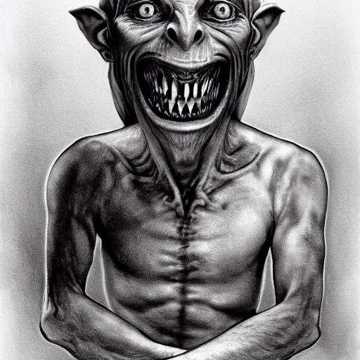 Prompt: A portrait of an Asmongold Gollum hybid with a massive grin being bald. by Stephen Gammell