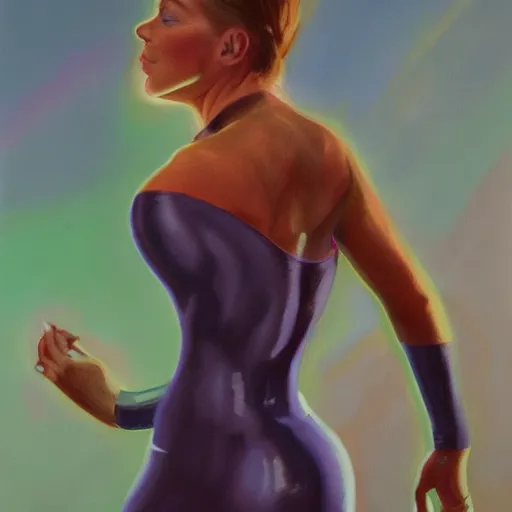 Prompt: a painting of a female in skintight dress. by randolph hewton and edward robert hughes. trending on artstation, highly detailed, volumetric lightning, cinematic lightning