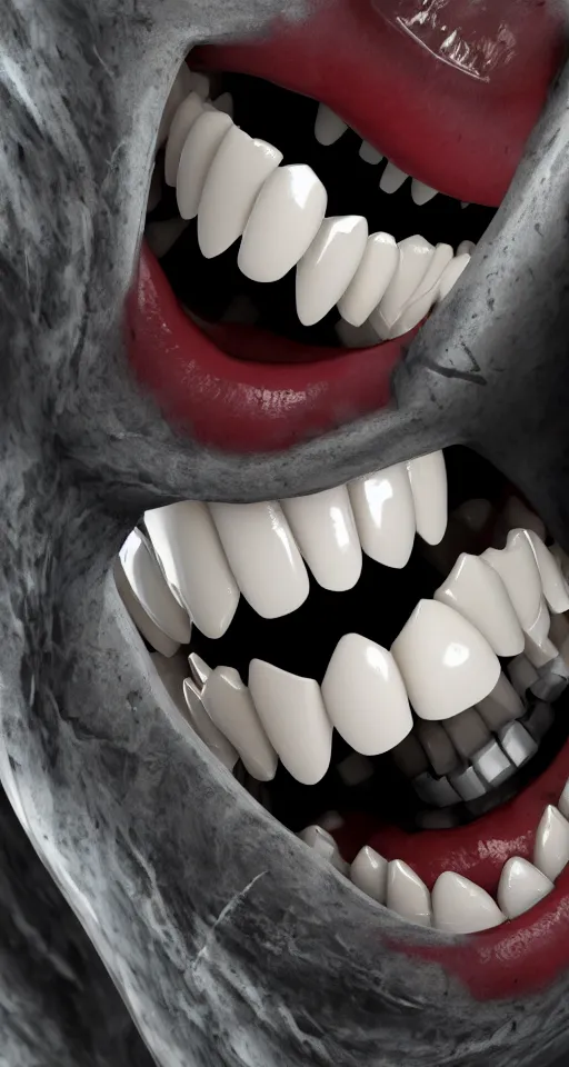 Image similar to up close shot of regular teeth with two vampire fangs, winter, dark scenery, dark lighting, cinematic, cold freezing nights, laser lights, cybernetic, top floor boss shit, destroy lonely, black floor, lavish, luxurious, marble walls, cinematic, hyper realism, high detail, octane render, 8 k