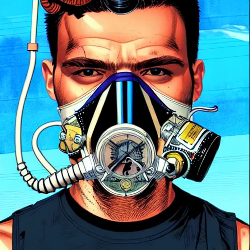 Image similar to portrait of a male diver with a oxygen mask intricate details mask by MARVEL comics and Sandra Chevrier