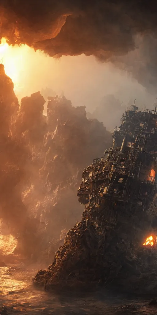 Prompt: Neil Blomkamp movie shot of a cave with a sinking pirate ship, masts and sails in fire, thick smoke, sunlight is coming from a hole above, very detailed, 8k, concept art