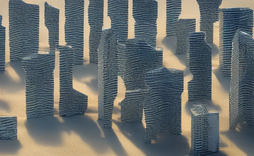 Image similar to parametric structure, 2 residential towers, in the desert beside the gulf, view from above, design by peter zumthor, dezeen, architectural photography