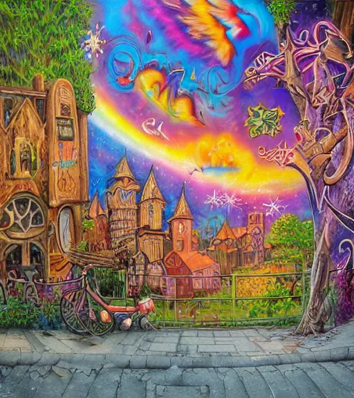 Prompt: pyrography, spray painted graffiti, perspective chalk art pastiche by Lisa Frank, Josephine Wall and Dan Mumford